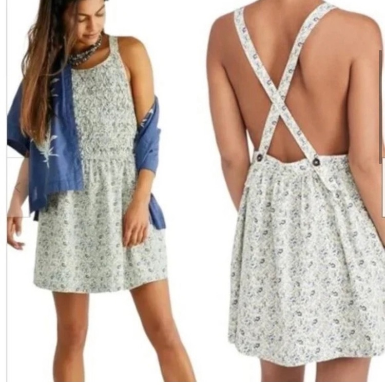 Free People Petunia Cottage Floral Criss Cross Back Mini Dress Tea Combo S